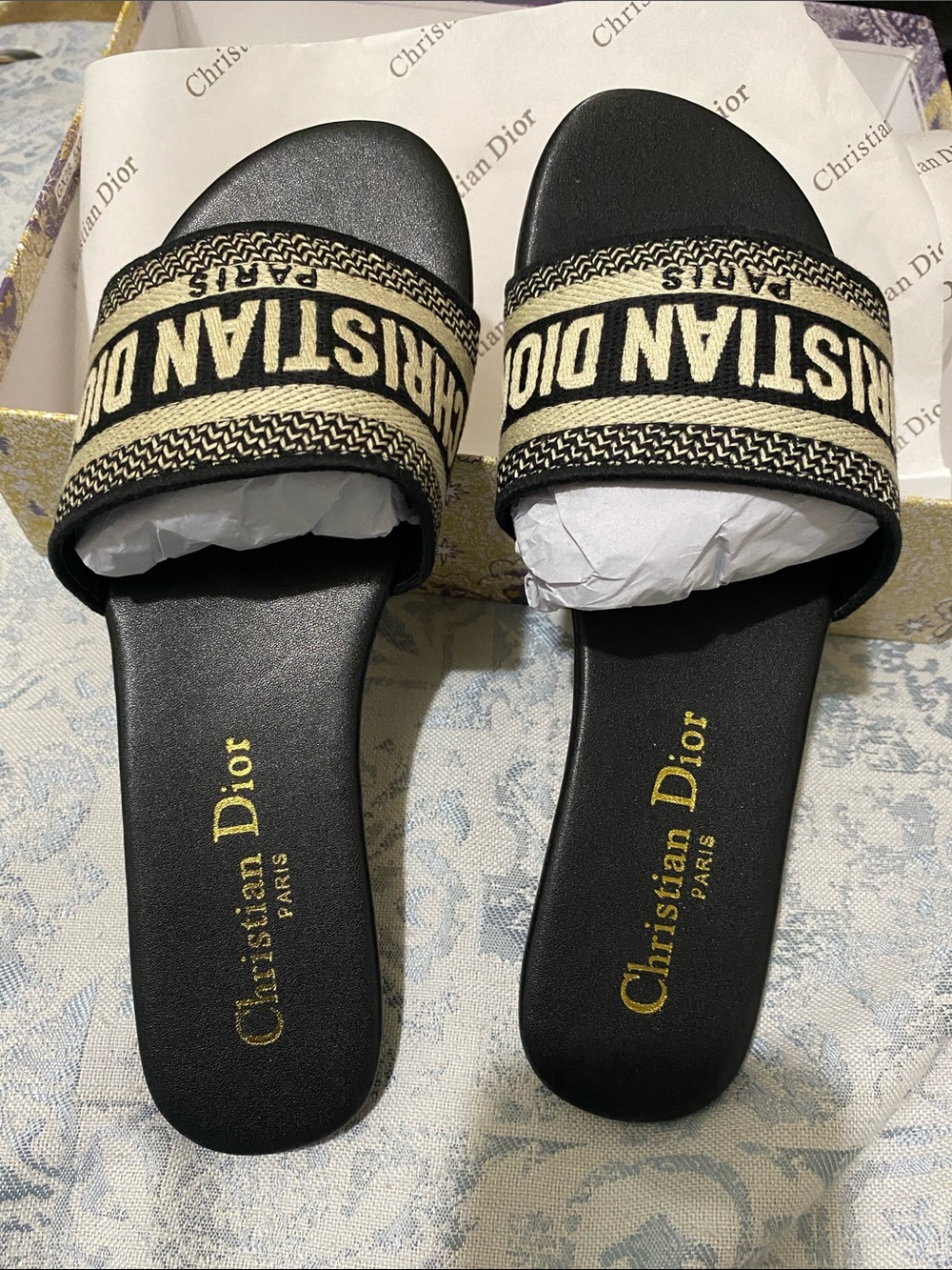 Dior Black and Beige Logo Slide Sandals